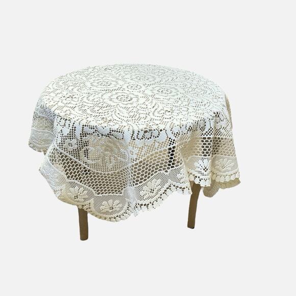 Small Square Tablecloth Cover Cream Lace Fabric Floral Design 34 x 35 Polyester - Picture 2 of 7
